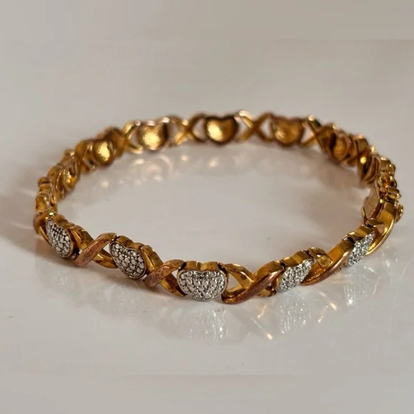 PAJ BR Gold & Silver  Tone Heart Tennis Charm Bracelet Metal Box Clasp - Picture 3 of 9